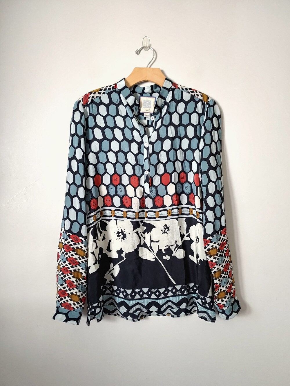 Anthropologie Alicia Bell Silk Popover Top Geometric Print Button Blouse Medium